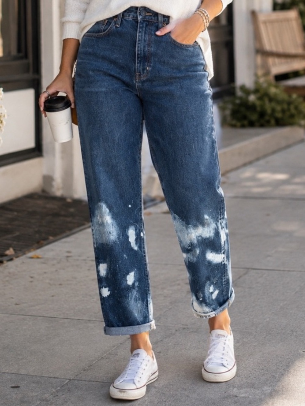 J.Crew High Rise Boyfriend Jeans Bleach Splatter Blue Denim Size 27